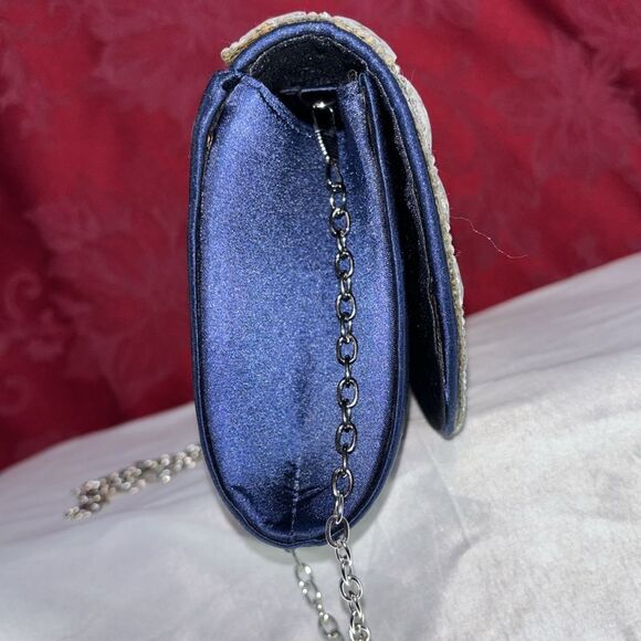 Lulu Townsend Clutch Pleated Blue Satin Rhinestone‎ Women Chain - Picture 3 of 12